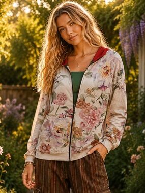 Floral Print Hoodie with Red Accents